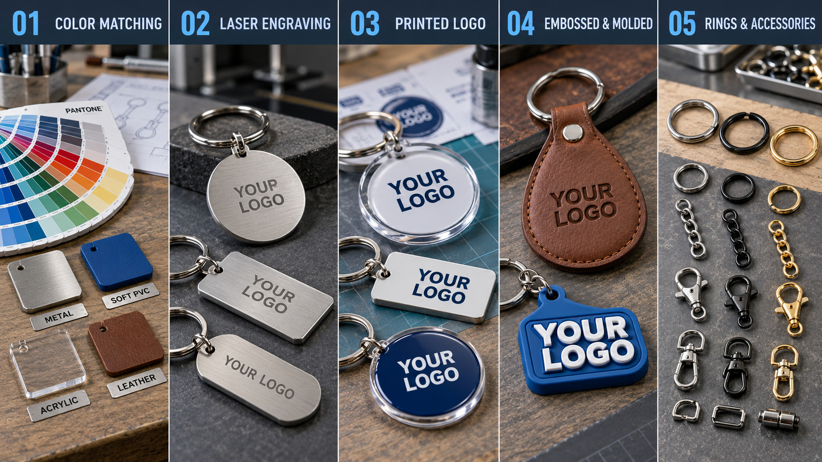 Custom keychain logo, color and accessory options