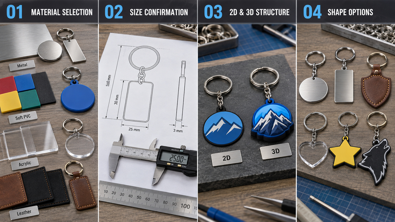 Custom keychain material and structure options