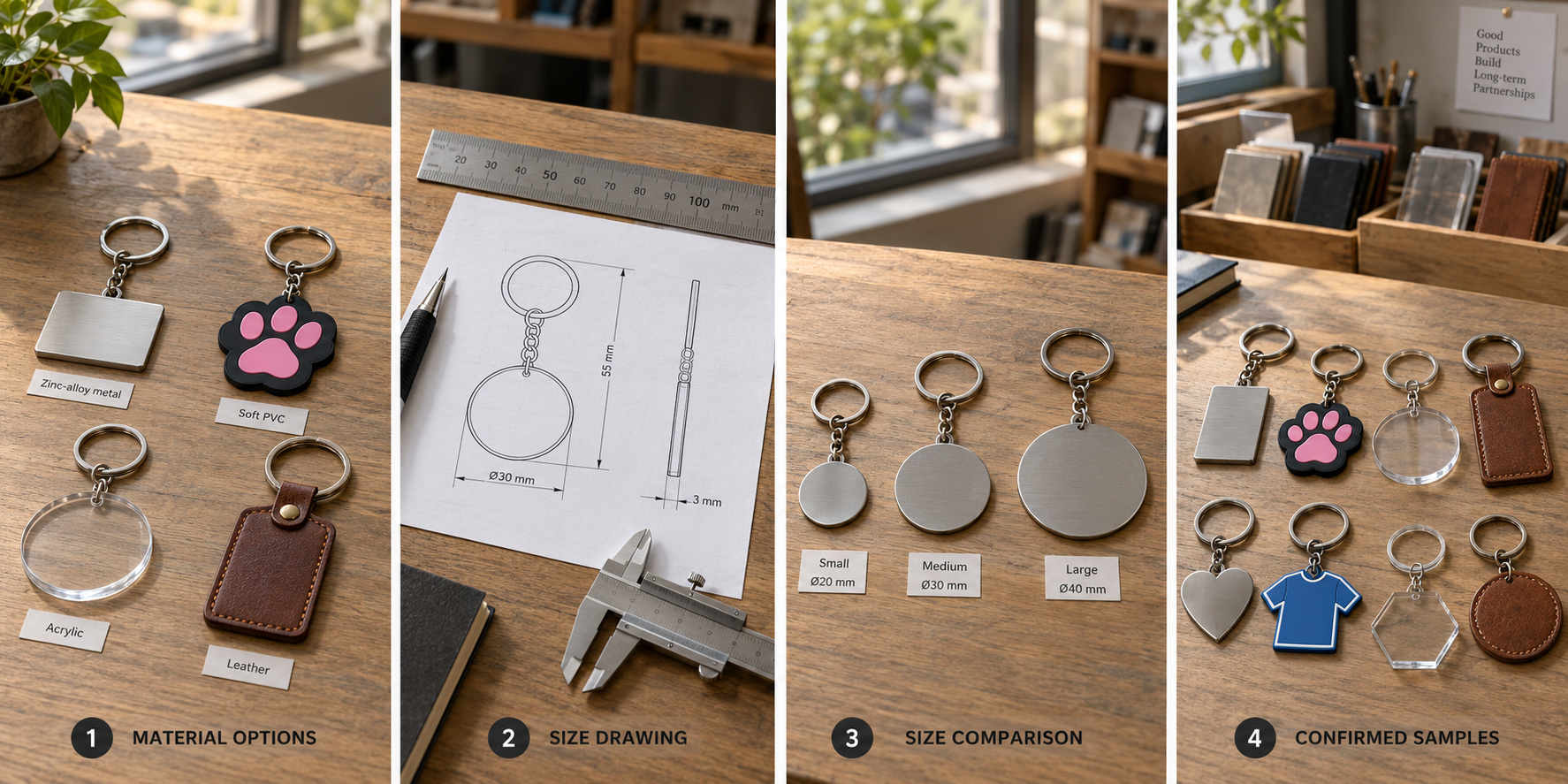 Keychain materials, dimensions and size samples